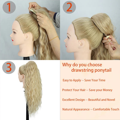 Curly Wavy Drawstring Ponytail Extension Long Clip In Ponytail Hair Extensions for Black Women Blonde Synthetic Fake Hairpieces