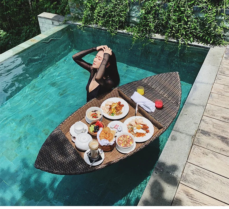 Net red floating tray round rattan woven heart-shaped basket Homestay Hotel Villa swimming pool dinner plate