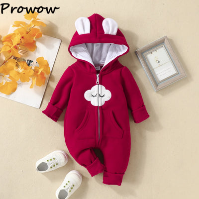 Prowow Cartoon Fox Baby Winter Clothes Romper Jumpsuit For Newborns Zipper Cute Ears Hooded Thicken Infant Overalls For Children