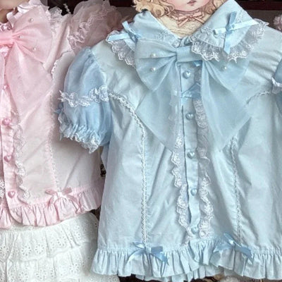 Japanese Lolita Shirts Vintage Elegant Women Classical Sweet Short Sleeve Blouse Ruffles Bow Casual Y2k Crop Tops Gothic Blusas