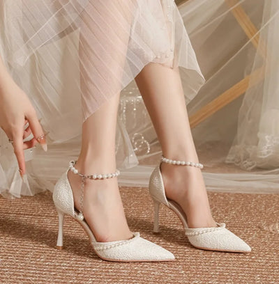 High Heeled Shoes Women's 2025 Summer with A Thin Heel and Pointed Toe A Straight Cut Lace Surface White Pearl Bridal Shoe Women