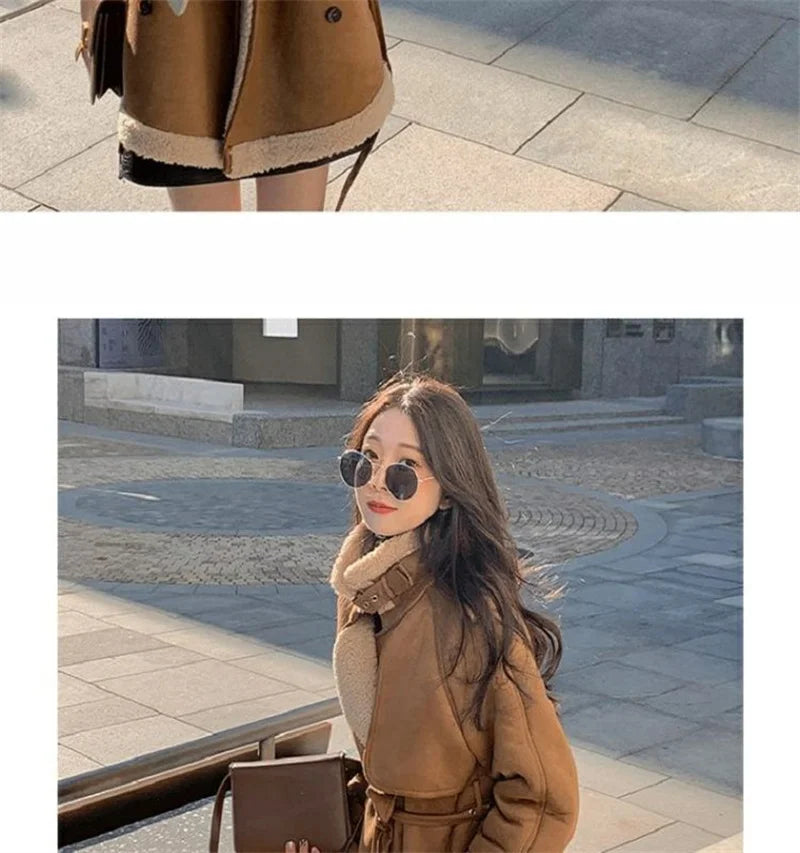 2024 Autumn Winter New Medium Long Double-breasted Lambswool Suede Woolen Coat Women Add Velvet Padded Warm Fur One Woolen Coats