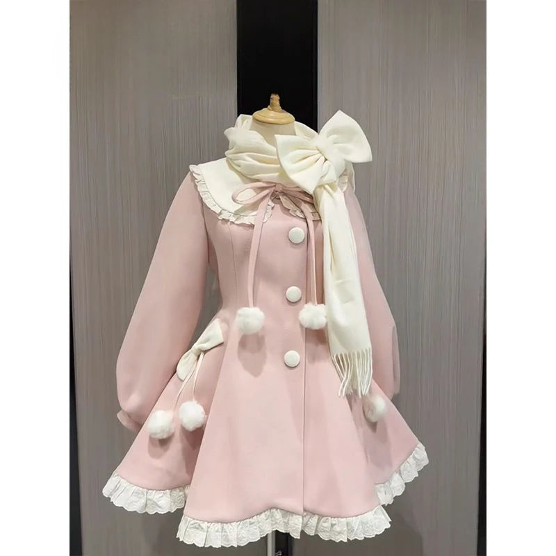Japanese Kawaii Lolita Lace Patchwork Sweet Dress Coat Women Y2k Aesthetic Contrast Color Dresses Single Breasted Party Vestidos