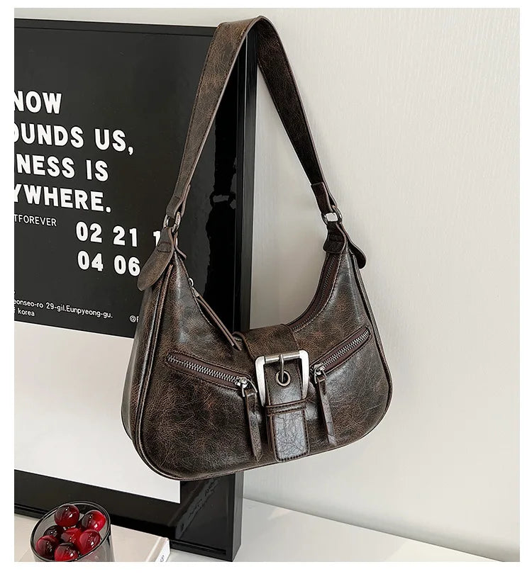 Retro Belt Design PU Leather Shoulder Bags for Women 2024 Y2K Small Vintage Female Underarm Crossbody Bag Fashion Handbags