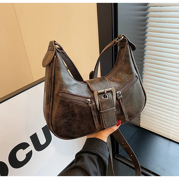 Retro Belt Design PU Leather Shoulder Bags for Women 2024 Y2K Small Vintage Female Underarm Crossbody Bag Fashion Handbags
