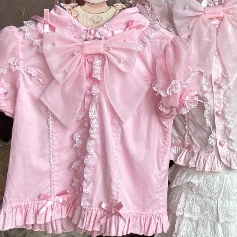 Japanese Lolita Shirts Vintage Elegant Women Classical Sweet Short Sleeve Blouse Ruffles Bow Casual Y2k Crop Tops Gothic Blusas