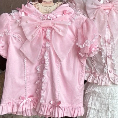 Japanese Lolita Shirts Vintage Elegant Women Classical Sweet Short Sleeve Blouse Ruffles Bow Casual Y2k Crop Tops Gothic Blusas