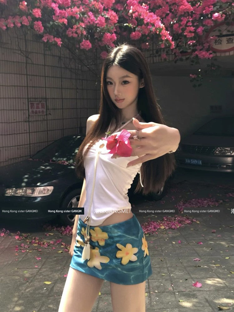 Seaside Vacation Style Suit Pure Desire Stylish White Halter Tube Top Blue Shirt Floral Skirt Two-piece Set