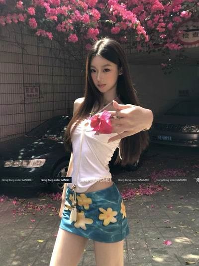 Seaside Vacation Style Suit Pure Desire Stylish White Halter Tube Top Blue Shirt Floral Skirt Two-piece Set