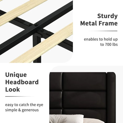 Bed Frame with Headboard and LED Lights,Modern Faux Leather Bed Frame with Wooden Slats Support and Duty Mattress Foundation