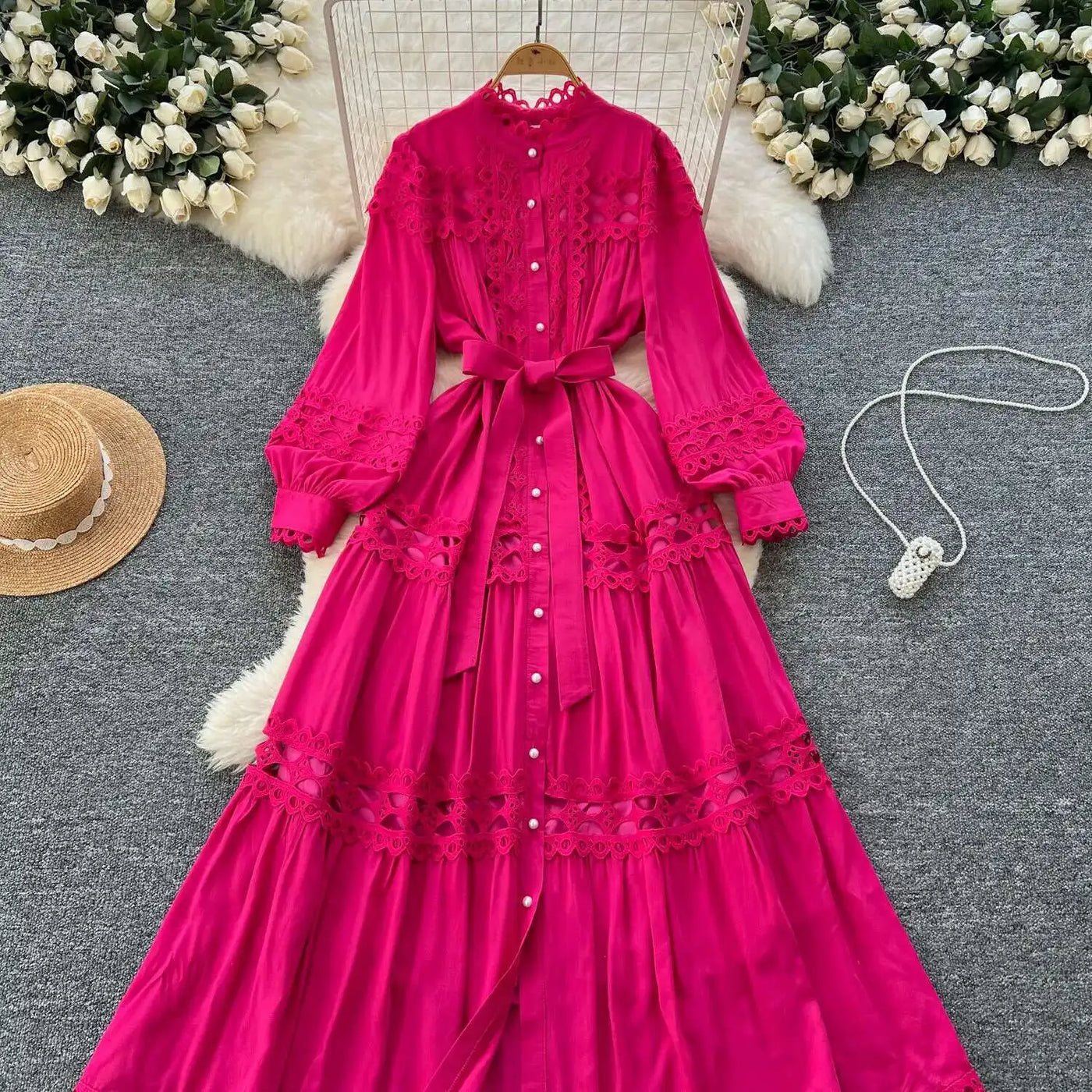 Elegant Long Maxi Hollow Out Dress Shirt Women Summer Autumn Palace Retro Pearl Button Embroidery Crochet Evening Party Vestidos