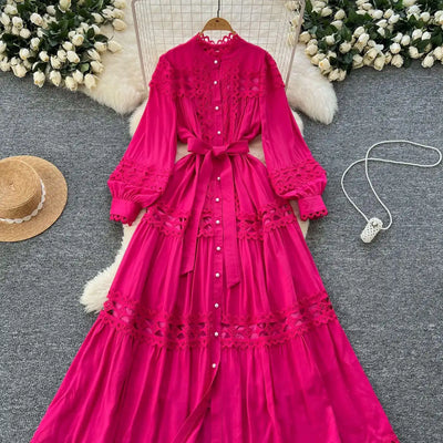 Elegant Long Maxi Hollow Out Dress Shirt Women Summer Autumn Palace Retro Pearl Button Embroidery Crochet Evening Party Vestidos