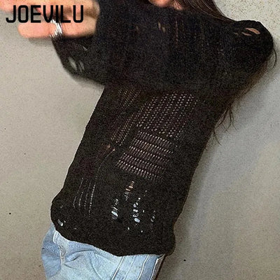 Women's Vintage Gothic Hollow Knit Sweater with Ripped Holes Grunge Y2K Style Thin Long Sleeve Loose Fit Summer Top in Black