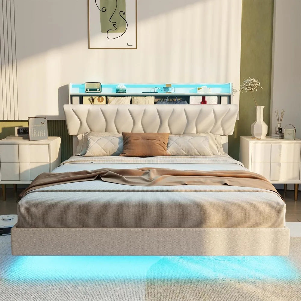 Maupvit Queen Size Floating Bed Frame with Storage Headboard, Queen Bed Frame with LED Lights, Charging Station, Upholstered