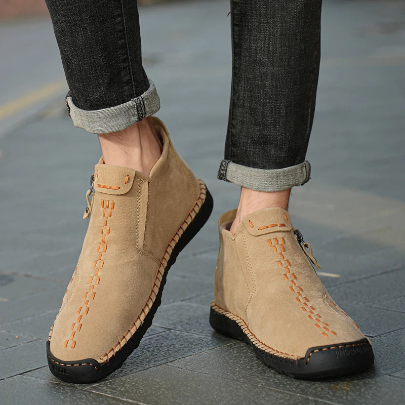 Handmade Leather Casual Shoes For Men Sneakers Men Flat Footwear Zipper Leather Boots Men Ankle Plus Size 39-48