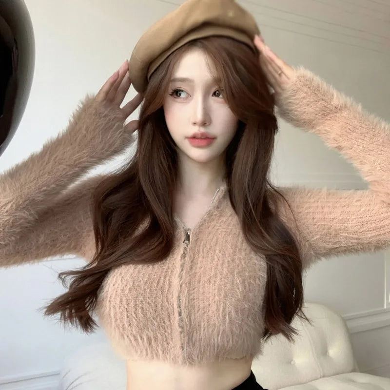Women's Sweater Coat Top Knitted Cardigan Plush Off Shoulder Short Style Gentleness Mink Solid Color Zipper Design