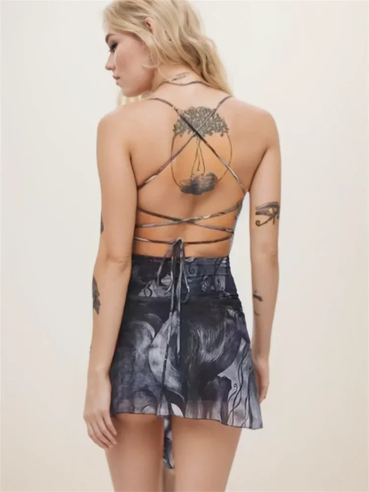 Women Print Mesh Mini Dress Streetwear Chic Sexy Backless Sleeveless Lace Up Cross Dresses A-line Vintage Holiday Y2k Clothing