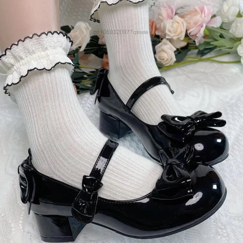 2024Lolita Style Cute Round Head  Jane Pumps With Bow Women's Sweet Party Dress Midi Heels Shoes Fashion PU Sandals