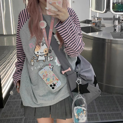 Y2k Harajuku Kawaii Striped Hoodie Women Japanese Fashion Patchwork Cartoon Print Sweatshirt Female Autumn 2023 New In