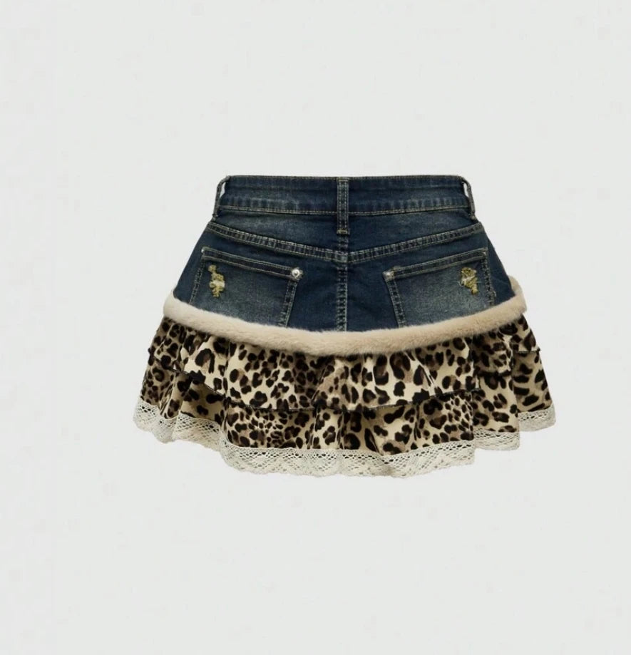 Harajuku Subculture Denim Leopard Print Splicing Y2k Skirt Kawaii Gothic Mini Pleated Skirt Casual Retro Streetwear Skirts Women