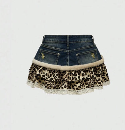 Harajuku Subculture Denim Leopard Print Splicing Y2k Skirt Kawaii Gothic Mini Pleated Skirt Casual Retro Streetwear Skirts Women