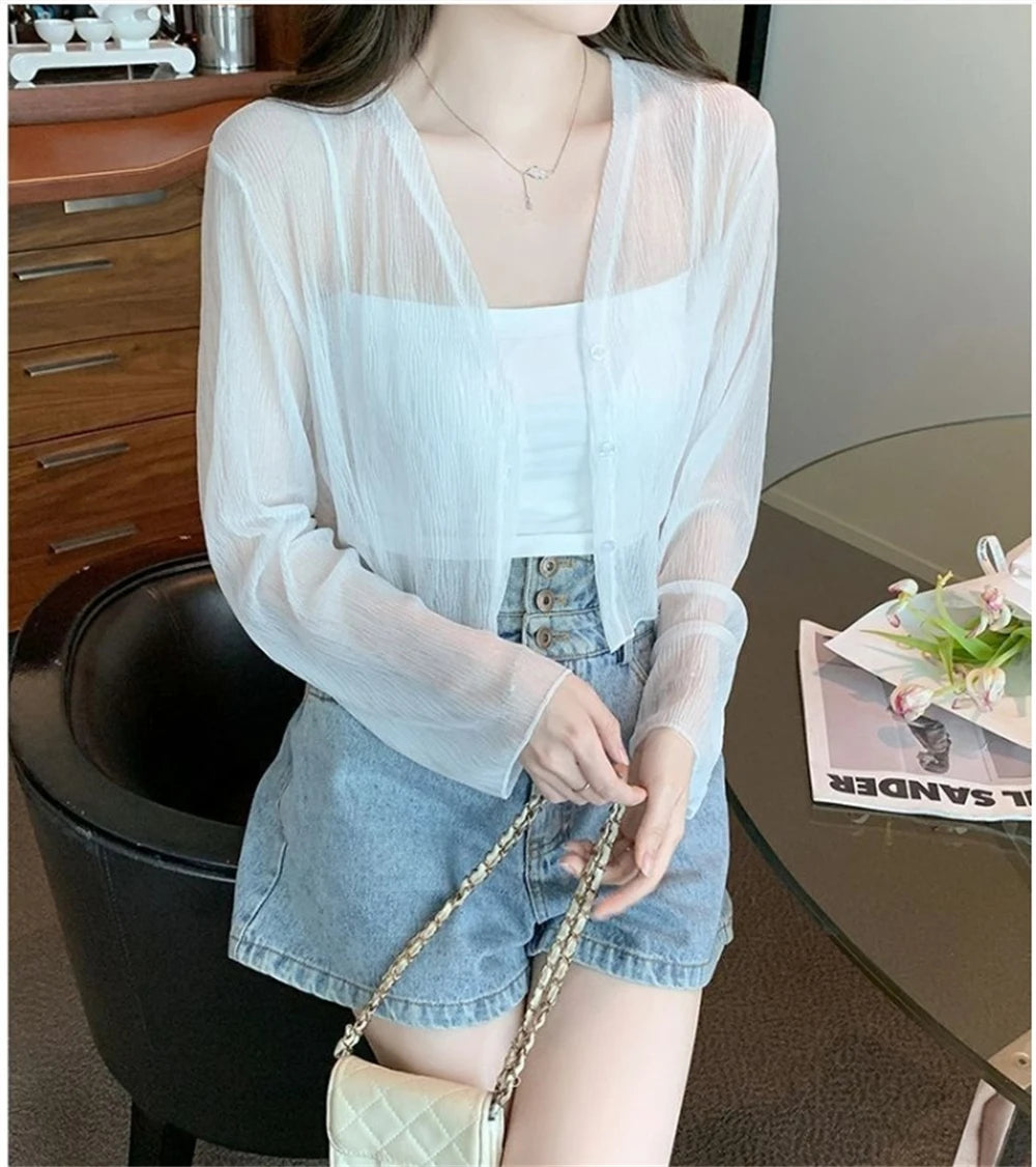 Ice silk sun protection clothing for women in summer, thin chiffon cardigan with camisole skirt, outer cover, small shawl jacket