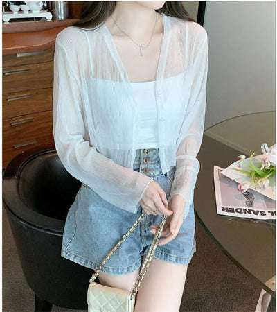 Ice silk sun protection clothing for women in summer, thin chiffon cardigan with camisole skirt, outer cover, small shawl jacket