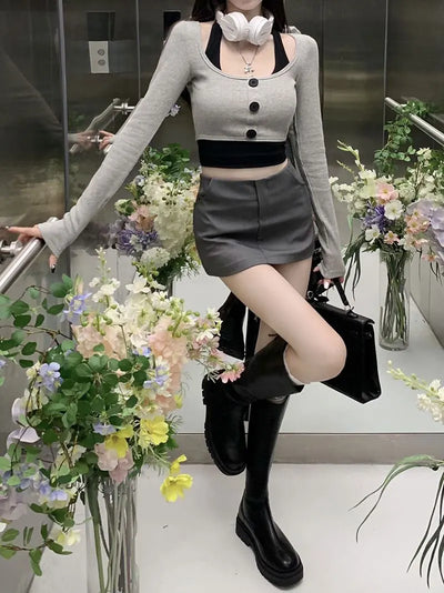 Women's Top Halter Vest 2 Piece Sets U Neck Long Sleeve Crop Tops Babes Korean Style Chic Short T-shirt Ladies Gothic Y2k Tees