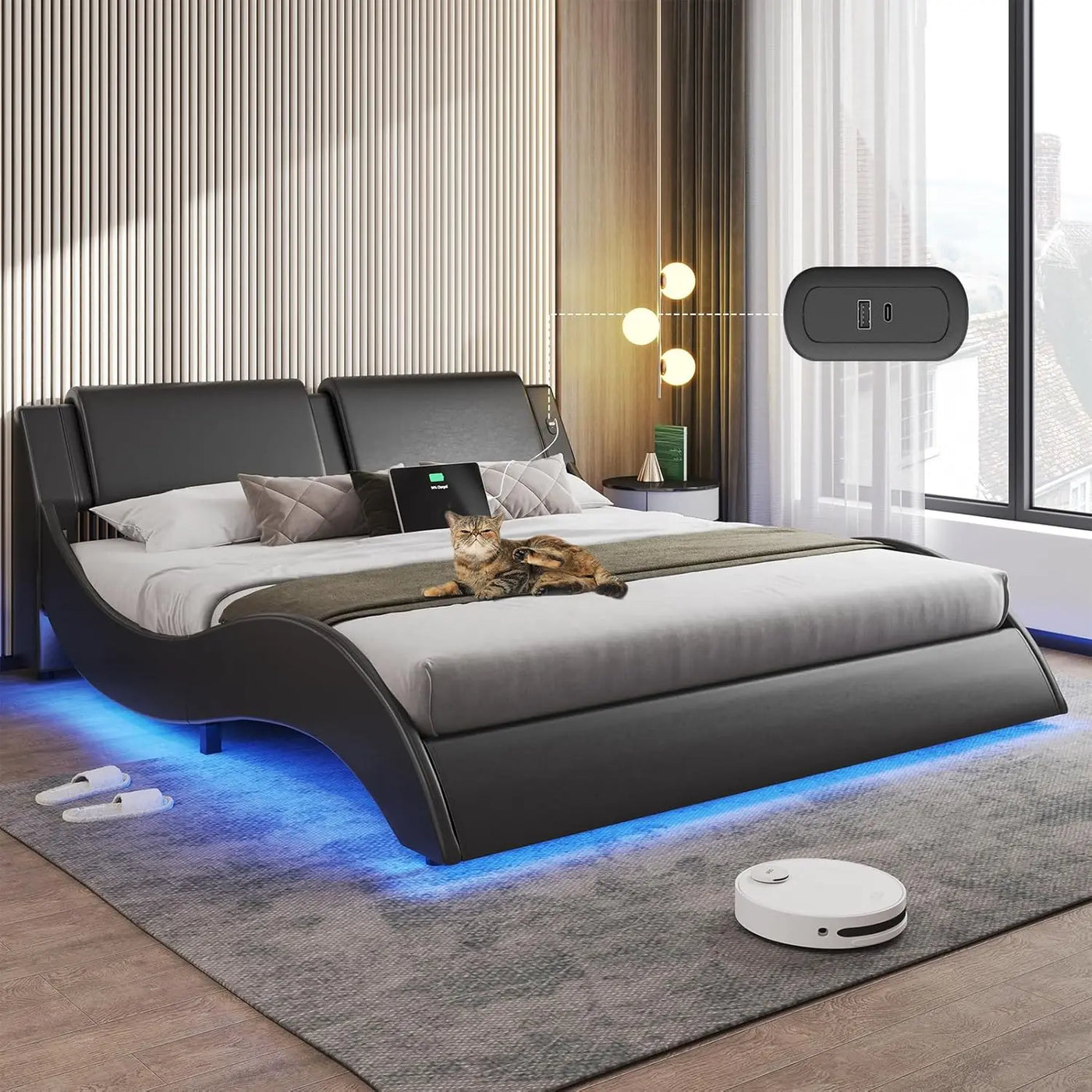 Bed Frame with Led Lights and Charging Ports Modern Faux Leather Upholstered Queen Size Platform Bed with Headboard Wave