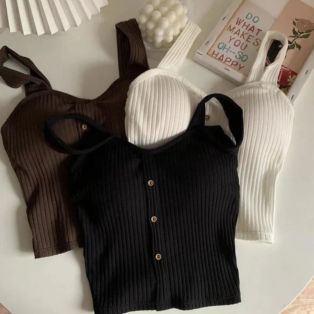 Women's Ribbed Tank Tops Y2K Cropped Tops with Bra Pads Knitted Button Down Suspenders Vest Sexy Camisole Female Short Tops