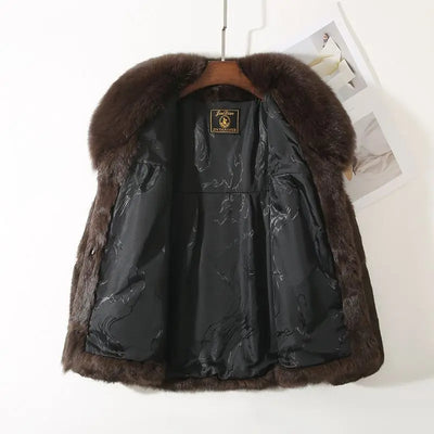 Real Rabbit Fur Coat Women Autumn Winter Short Jacket Thick Warm New Fashion Fox Fur Collar Elegant Female Warm Outerwear