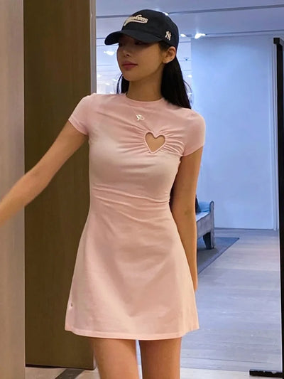 Love Hollow Out Short Sleeve Mini Dress Pink White Black Casual Dresses Womens Summer Clothes N85-BD16