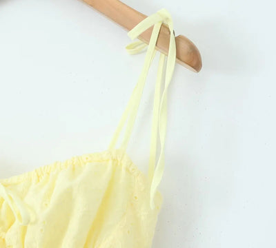 2024 Sexy Yellow Hollow out Embroidery Lace Cotton Corset Style Bow Sling Dress Women Low Waist Ball Gown Swing Mini Party Robe