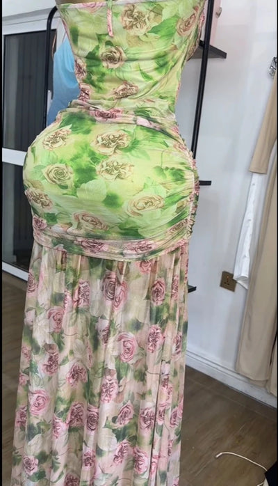 Women Sleeveless Floral Print Strap Stacked Ruched High Split Tunic Maxi Long Dress 2025 Birthday Vacation Beach Dresses