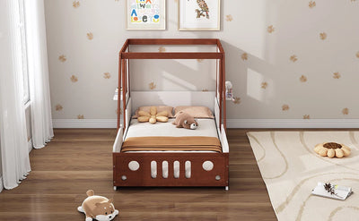 Fun Play Design Twin Size Car Bed for Kids Boys Girls Teens, White and Orange Solid Wood Frame