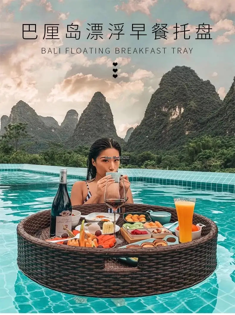 Bali Rattan Tray Swimming Pool Floating Rattan Tray Breakfast Afternoon Tea Dinner Plate Hotel Rattan Basket