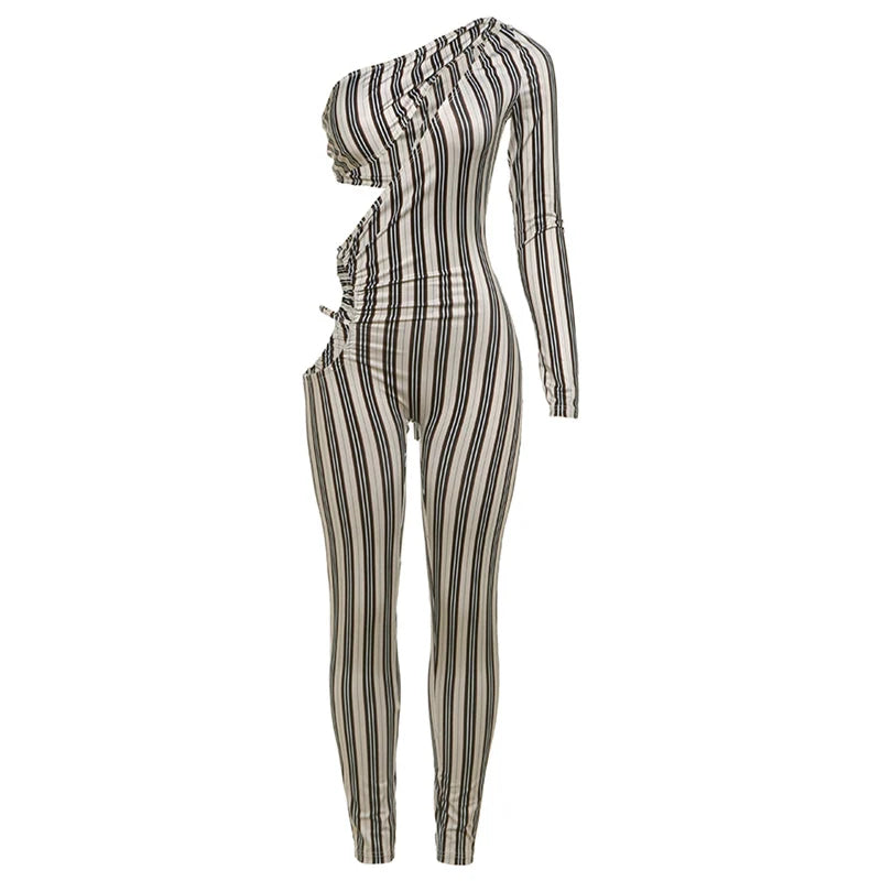 Weird Puss Sexy Hollow Jumpsuit Women Ruched Irregular Hipster Club Stripe Print Full Sleeve Midnight Activity Workout Overalls