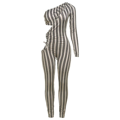 Weird Puss Sexy Hollow Jumpsuit Women Ruched Irregular Hipster Club Stripe Print Full Sleeve Midnight Activity Workout Overalls