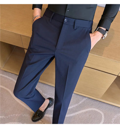High End Elastic Waistband Suit Pants for Men Embroidered Business Casual Pants Solid Colror Versatile Social Office Trousers