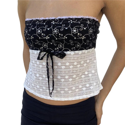 Xingqing y2k Off Shoulder Top Women Fairy Grunge Clothes Summer Sleeveless Lace Trim Patchwork Strapless Tshirt 2000s Streetwear