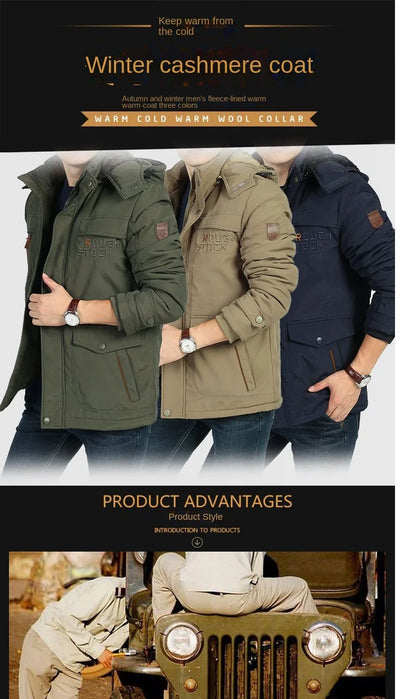 winter Parka Men's Multi-pocket Thickened Fleece-lined Cold-proof Padded Jacket Outdoor Camping Removable Cap Warm Men's Coat