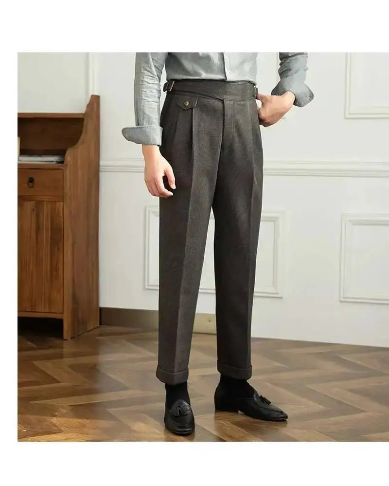 2023 Autumn Winter Men's Warm Retro Straight Trouser Male Casual British High Waist Pants Office-trousers Dress Pant Trousers