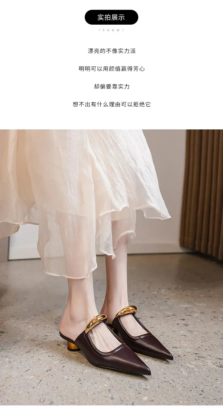 Punk Gothic Metal Buckle Low Heels Sandals Women 2025 New Pointed Toe Thick Heeled Summer Slippers Woman Platform Muller Shoes