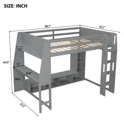 Full size bed frame Gaming Loft Bed with Desk, Multi-storage Shelves, LED and a Hanging Clothes Rack, Gray
