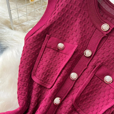 Women's Round Neck Sleeveless Dress Single-breasted Chic Elasticated Waist Slim Long Skirt   New High Quality Knitted Dress