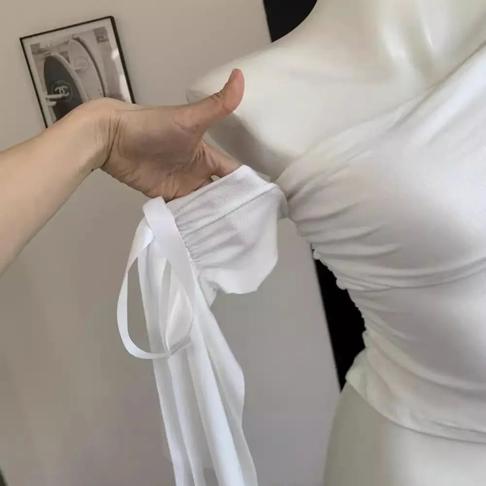 2025 New Sexy Off Shoulder Tops Women Ruffle Sleeve Asymmetric Slim Fit Short Sleeve T-Shirt Y2K Summer Fashion Elegant Clothes
