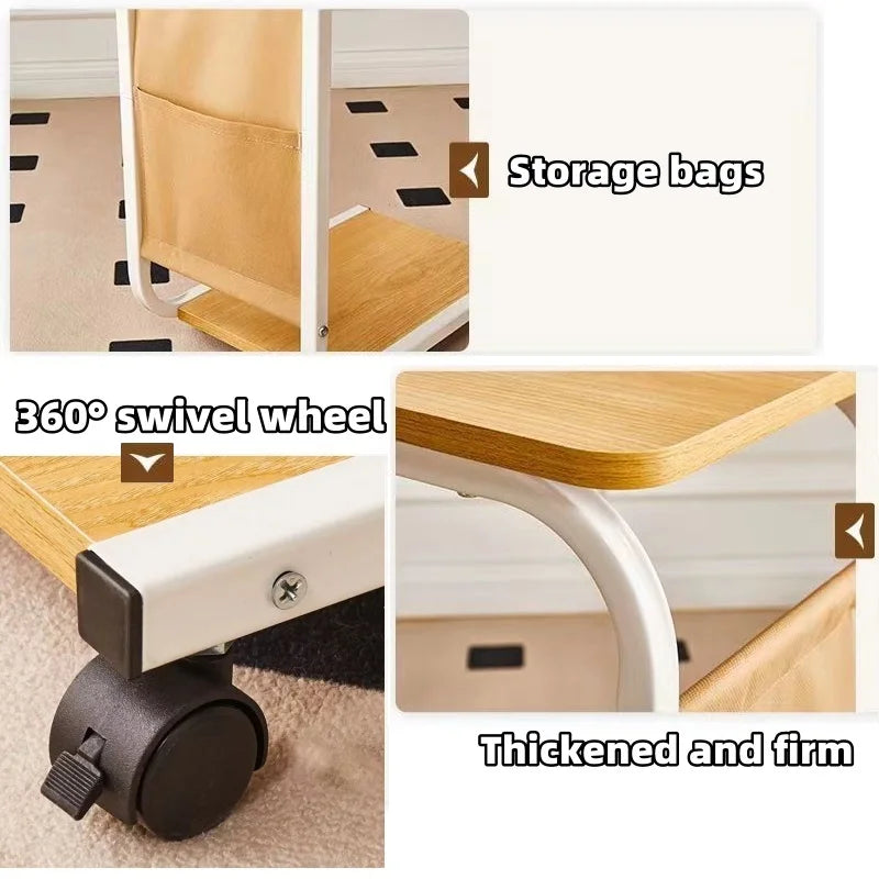 Coffee Table With 360° Wheels C-Shape End Table Sofa Side Table Portable With Cork Finish for RV Home Office Living Room Bedroom