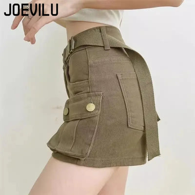 Women's Summer High Waisted Stretchy Denim Shorts Korean Cargo Style Slim Fit Ultra Short Hot Pants with Large Pockets for Dance