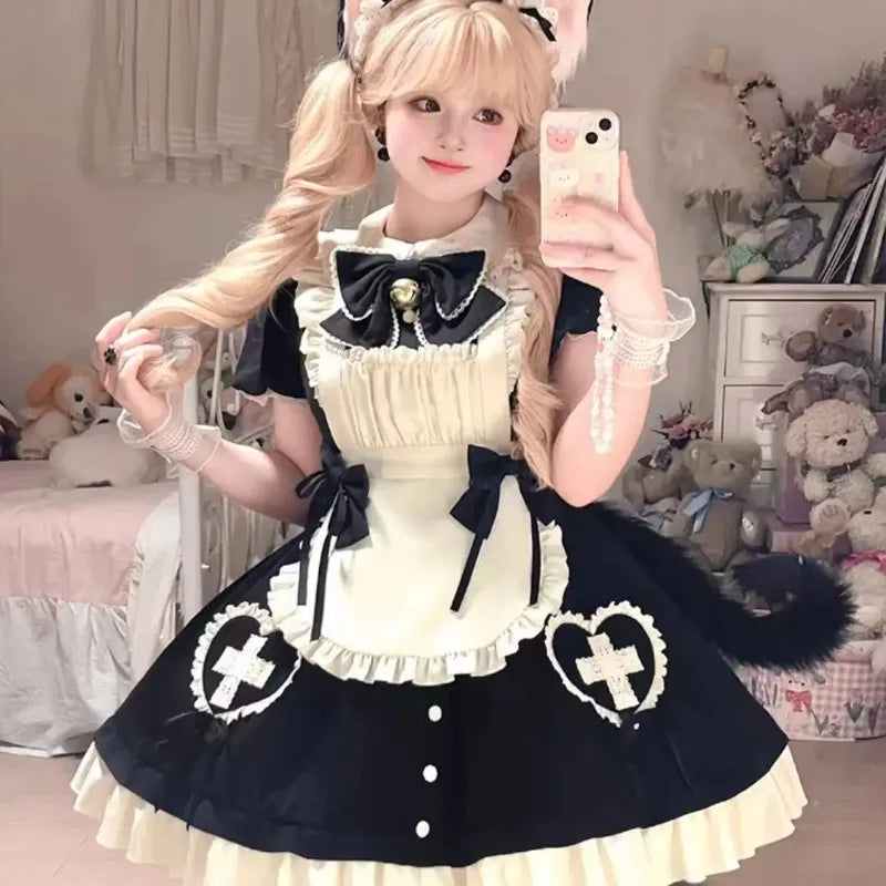 Vintage Gothic Black Lolita Dress Long Sleeve Women Retro Style Elegant Lace Ruffled Skirt Waist Fashion American Retro