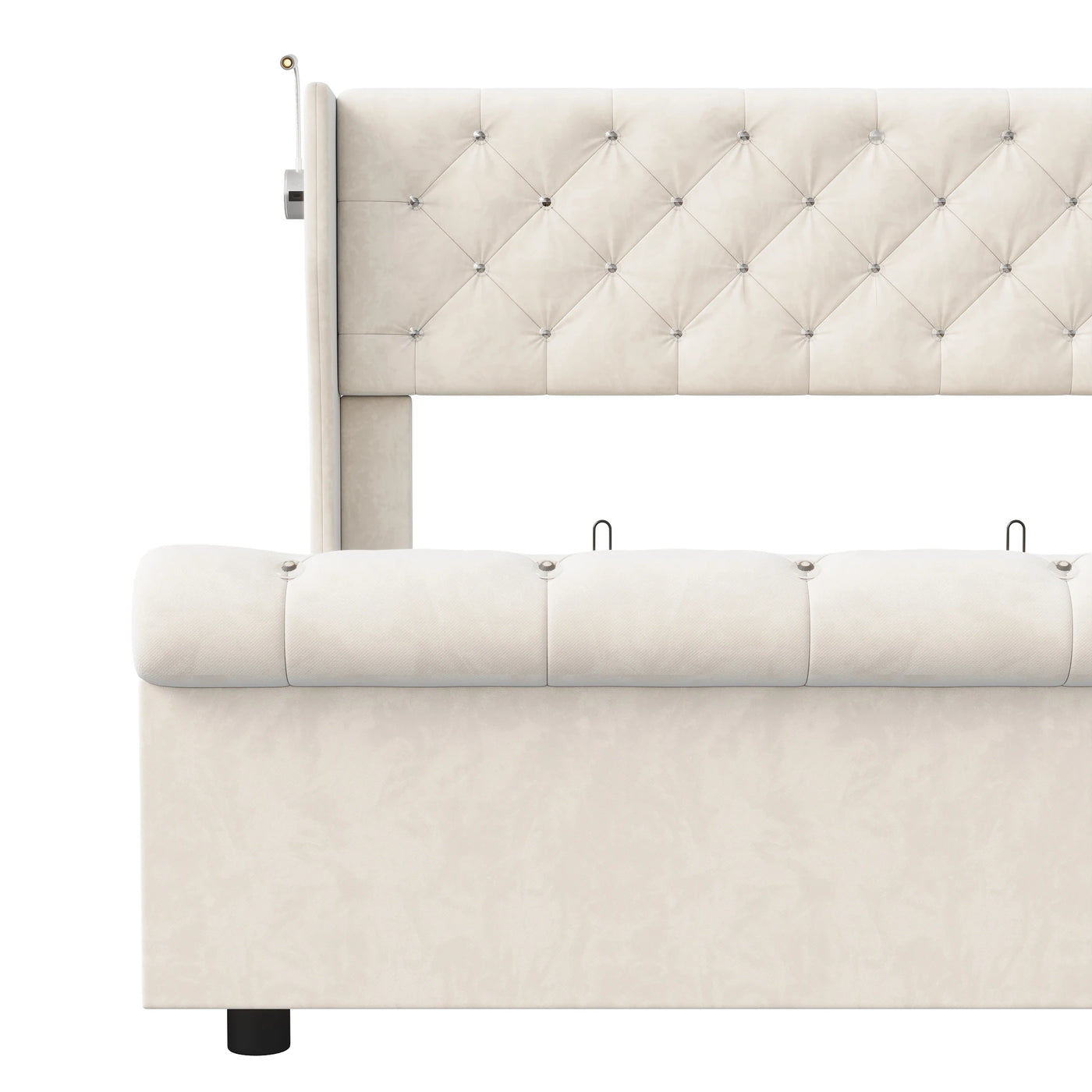 Double bed, 140x190 cm, equipped with LED strip and USB port, with a hydraulic storage chest, velvet fabric
